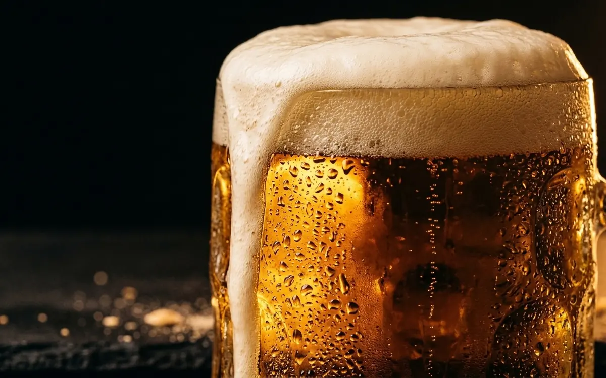 Caneco de chopp gelado com colarinho e condensacao no vidro